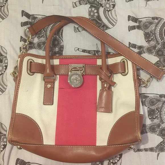 Michael Kors Hamilton Mono Red Stripe Canvas Leather Tote Large Lock Chain - Picture 1 of 10